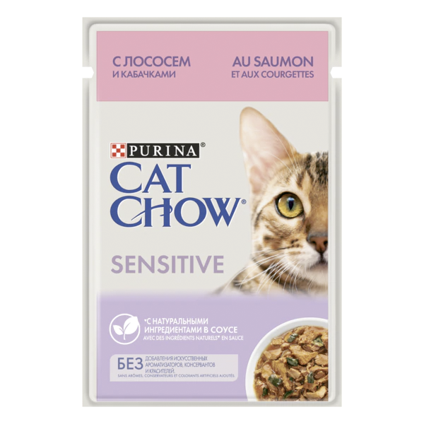 Влажный корм Purina Cat Chow для взрослых кошек с чувствительным пищеварением, с лососем и кабачками в соусе 26 шт. х 85 г