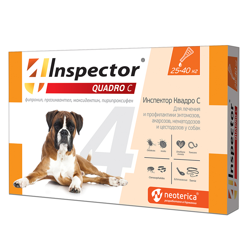 Капли для собак весом от 25 до 40 кг Inspector Quadro C от внешних и внутренних паразитов, 1 пипетка