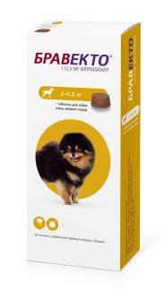 Таблетка от клещей и блох для собак Intervet Бравекто жевательная, весом 2-4,5 кг, 112,5 мг