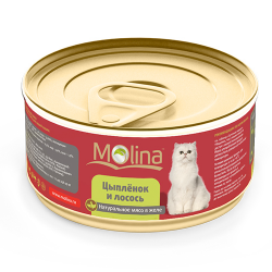 Консервы для кошек Molina "Цыпленок и лосось" натуральное мясо в желе, 80 г