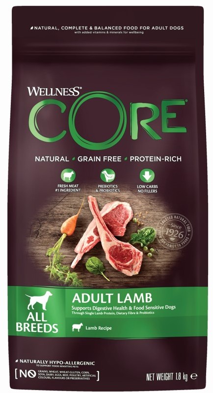 Сухой беззерновой корм Wellness Core Lamb для взрослых собак всех пород, ягненок с яблоком