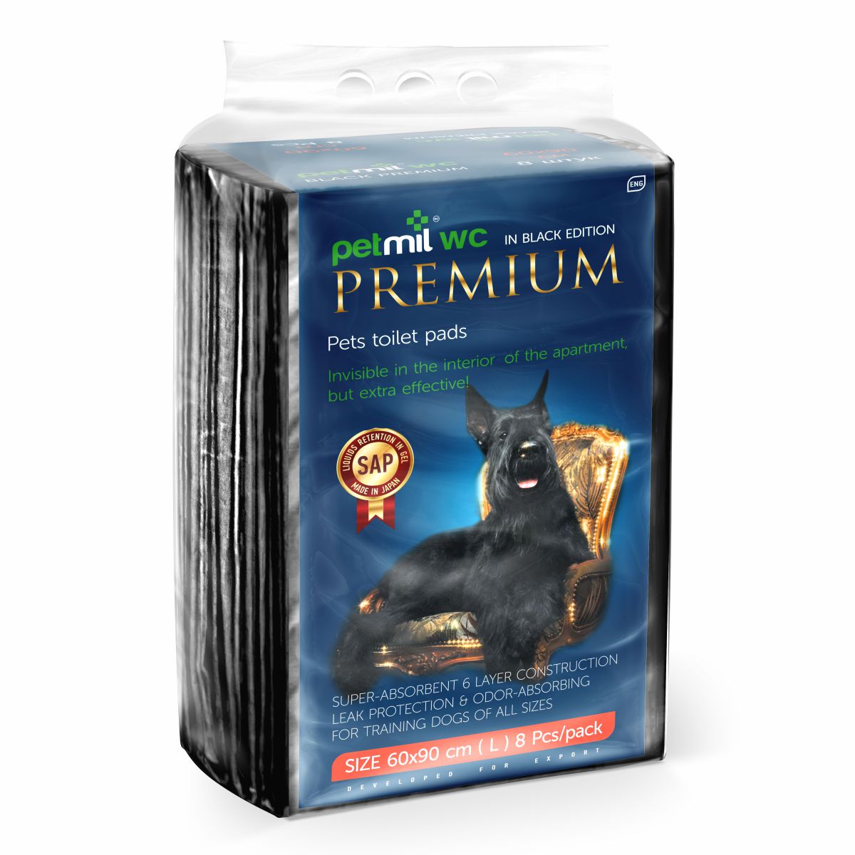 Впитывающие пелёнки для животных Петмил (Petmil) WC Black Premium с суперабсорбентом 60х90 см, чёрные 8 штук