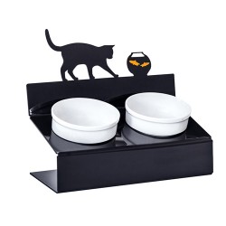 Миска для кошек АртМиска "Кот и рыбы" двойная на подставке, чёрная 2 х 360 мл