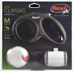 Набор рулетка для собак до 20 кг Flexi New Classic Basic М трос+ LED фонарик + Multi-box, черный