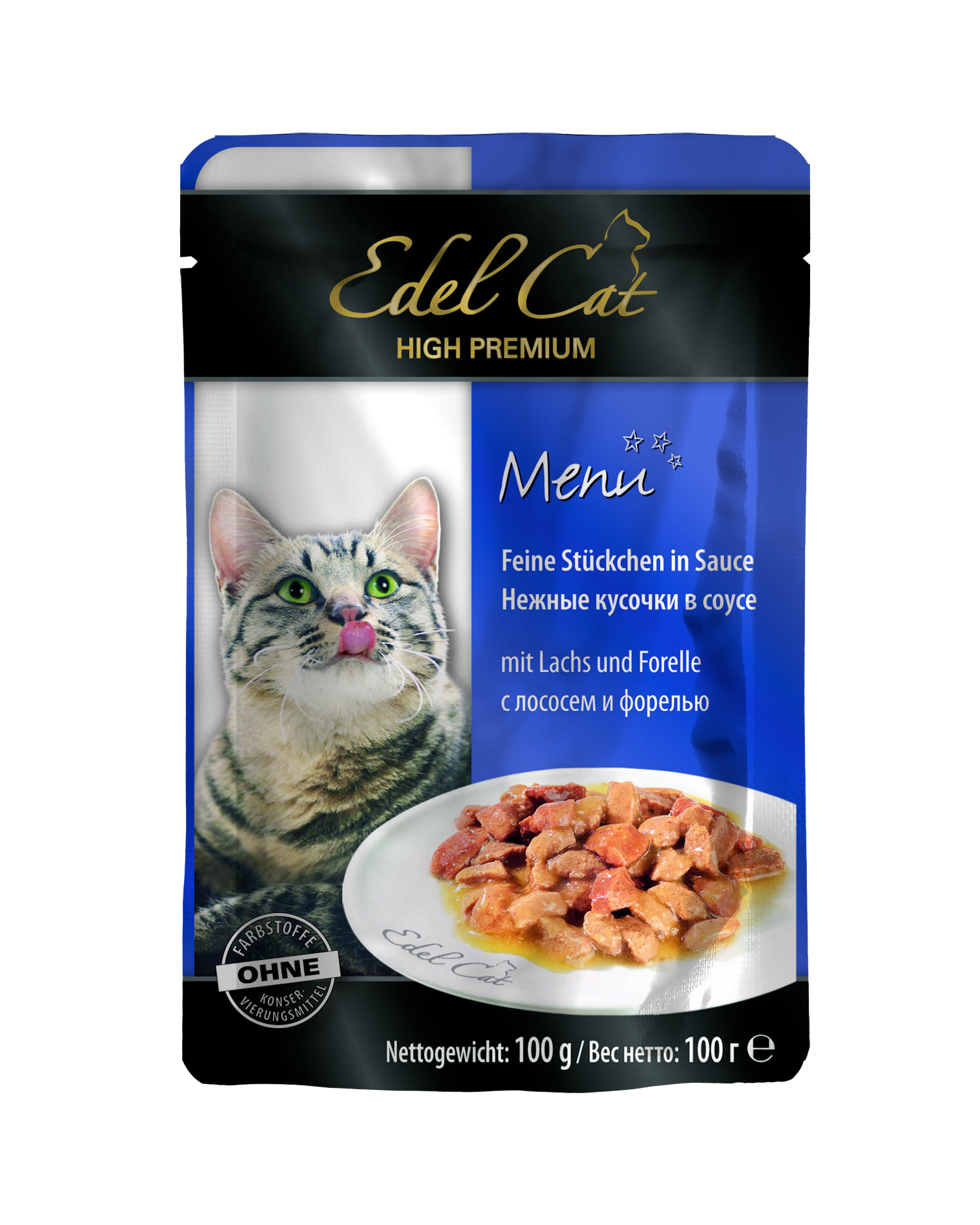 Влажный корм для кошек Edel Cat Лосось и форель, кусочки в соусе 100 г х 20 шт.