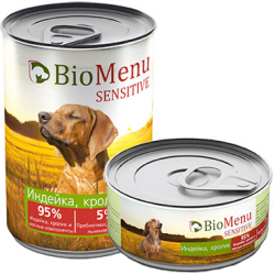Консервы для взрослых собак BioMenu Sensitive индейка с кроликом 95% мясо 