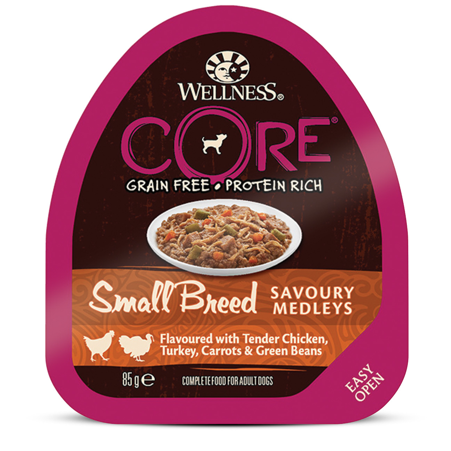 Консервы для собак мелких пород Wellness Core Small Breed аппетитное попурри из нежного куриного филе с индейкой, морковью и зеленой фасолью, 85 г