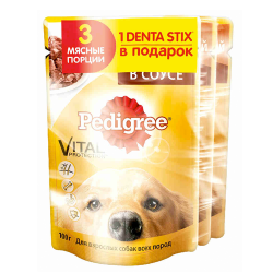 Консервы для взрослых собак Pedigree с говядиной и ягненком, 3×100 г + 1 Denta Stix в подарок