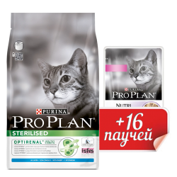 Сухой корм для кастрированных котов и стерилизованных кошек Pro Plan Sterilised кролик 10 кг + 16 паучей в подарок