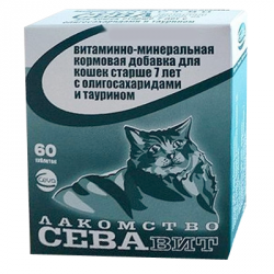 Витамины для пожилых кошек старше 7 лет Сева-вит витаминно-минеральная кормовая добавка с олигосахаридами и таурином, 60 таблеток