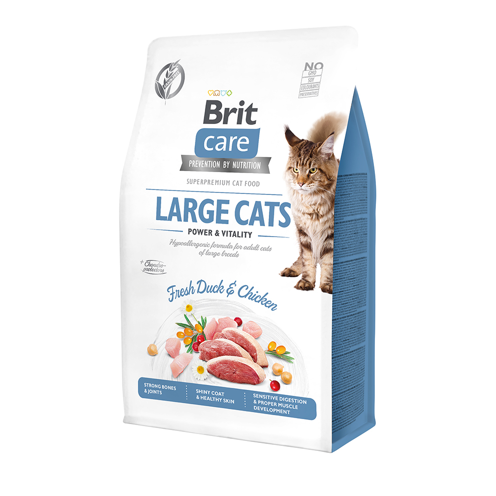 Сухой беззерновой корм Brit Care Cat GF Large cats Power & Vitality для взрослых кошек крупных пород, с уткой и курицей