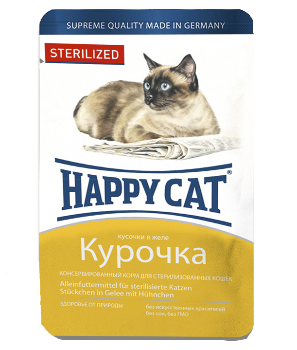 Влажный корм Happy Cat Sterilized для стерилизованных кошек, кусочки в желе курица 100 г х 22 шт.