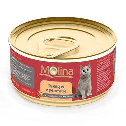Консервы для кошек Molina "Тунец и креветки" натуральное мясо в желе, 80 г