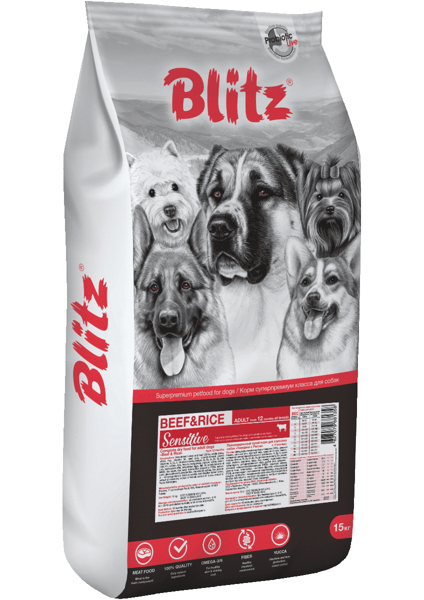 Сухой корм Blitz Sensitive Adult Dog All Breeds для взрослых собак всех пород, говядина с рисом 15 кг
