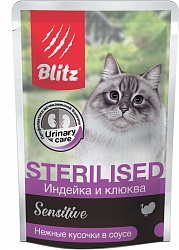 Влажный корм Blitz Sensitive Adult Cat для кастрированных и стерилизованных котов и кошек, индейка с клюквой кусочки в соусе 85 г х 24 шт.