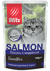 Влажный корм Blitz Sensitive Adult Cat для взрослых кошек, лосось с индейкой кусочки в соусе 85 г х 24 шт.