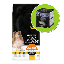 Сухой корм для взрослых собак Pro Plan All Size Adult Light/Sterilised с курицей и рисом с избыточным весом или стерилизованных, 14 кг + FortiFlora