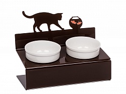 Миска для кошек АртМиска "Кот и рыбы" двойная на подставке, коричневая 2 х 360 мл