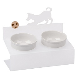 Миска для собак АртМиска "Собака и мяч" двойная на подставке, белая полупрозрачная 2 х 350 мл