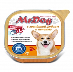 Консервы для собак Mr. Dog C говядиной, рубцом и печенью, ламистр 0,3 кг 