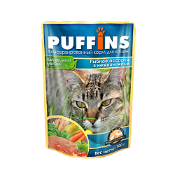 Влажный корм для кошек Puffins Рыбное ассорти в желе, 100 г х 24 шт.
