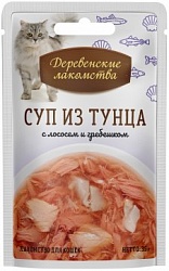 Консервы для кошек "Деревенские лакомства" Суп из тунца с лососем и гребешком, 35 г х 15 шт.