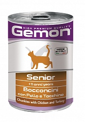 Gemon Cat Senior консервы для пожилых кошек, кусочки курицы с индейкой 415 г