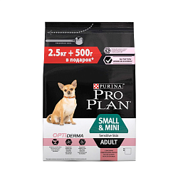 Сухой корм для взрослых собак Pro Plan Small & Mini Adult Sensitive Skin с лососем и рисом для мелких и карликовых пород с чувствительной кожей, 2,5+0,5 кг