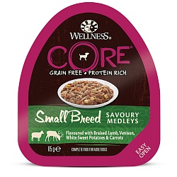 Консервы для собак мелких пород Wellness Core Small Breed аппетитное попурри из баранины и оленины, тушенных с белым сладким картофелем и морковью, 85 г