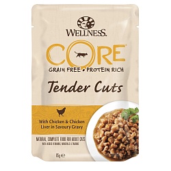 Wellness Core Tender Cuts пауч для кошек нежные кусочки курицы и куриной печени в пикантном соусе, 85 г