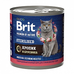 Консервы Brit Premium by Nature для для стерилизованных кошек, с мясом кролика и брусникой 200 г х 6 шт.