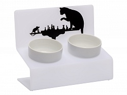 Миска для кошек АртМиска "Шахматы" двойная на подставке, белая 2 х 360 мл