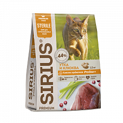 Сухой корм Sirius для стерилизованных кошек, утка с клюквой