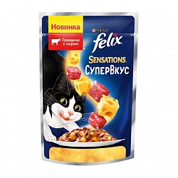 Влажный корм Felix Sensations Супервкус для взрослых кошек, со вкусом говядины и сыра, в желе 75 г х 26 шт.