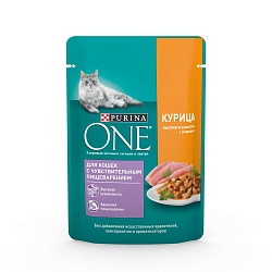 Влажный корм Purina One для кошек с чувствительным пищеварением, с курицей и морковью 75 г