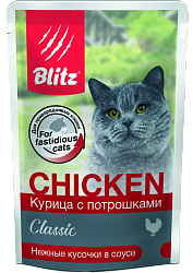 Влажный корм Blitz Classic Adult Cat для взрослых кошек, курица с потрошками кусочки в соусе 85 г х 24 шт.
