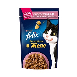 Влажный корм для кошек Felix Sensations с лососем в желе со вкусом трески, 85 г х 26 шт.