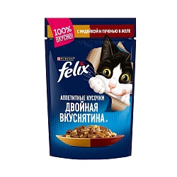 Влажный корм для кошек Felix "Двойная вкуснятина" с индейкой и печенью в желе, 85 г х 26 шт.