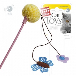 Игрушка для кошек GiGwi Cat Toys Дразнилка с погремушкой на розовом стеке, с бабочкой и цветком 45 см