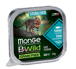Беззерновые консервы для стерилизованных кошек Monge BWild Cat Grain Free из тунца с овощами, 100 г