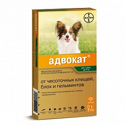 Адвокат (Advocate) 0,4 мл капли от чесоточных клещей, блох и гельминтов для собак весом до 4 кг, 1 пипетка
