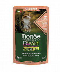 Monge Cat BWild Grain Free паучи для стерилизованных кошек, лосось с креветками и овощами 85 г