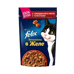 Влажный корм для кошек Felix Sensations с говядиной в желе и томатом, 75 г