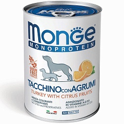Консервы для взрослых собак Monge Dog Monoproteico Fruits паштет из индейки с цитрусовыми 0,4 кг