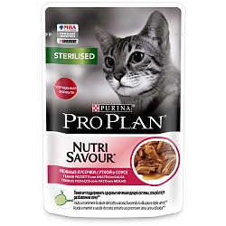 Влажный корм для кастрированных котов и стерилизованных кошек Pro Plan Sterilised Nutrisavour кусочки с уткой в соусе 85 г х 26 шт.