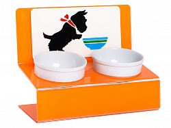 Миска для собак АртМиска "Щенок и миска" двойная на подставке, оранжевая 2 х 350 мл