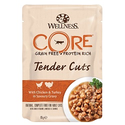 Wellness Core Tender Cuts пауч для кошек нежные кусочки курицы и индейки в пикантном соусе, 85 г