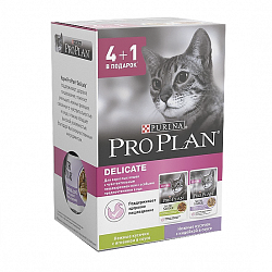 Влажный корм для кошек с чувствительным пищеварением Pro Plan Nutrisavour Delicate, 4 + 1 