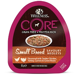 Консервы для собак мелких пород Wellness Core Small Breed аппетитное попурри из нежного куриного филе с индейкой, морковью и зеленой фасолью, 85 г