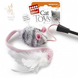 Игрушка для кошек GiGwi Cat Toys Дразнилка Мышка с перьями на стеке со звуковым чипом, 51 см